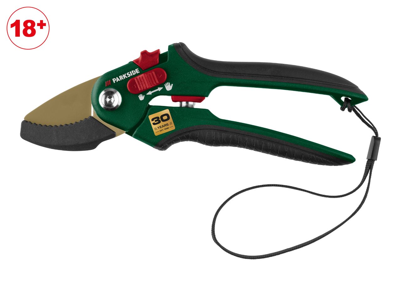 Green and black garden pruning shears with a safety lock and a wrist strap.
