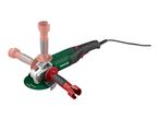 An angle grinder with a green cutting disc and three red and grey handles, one attached and two detached.