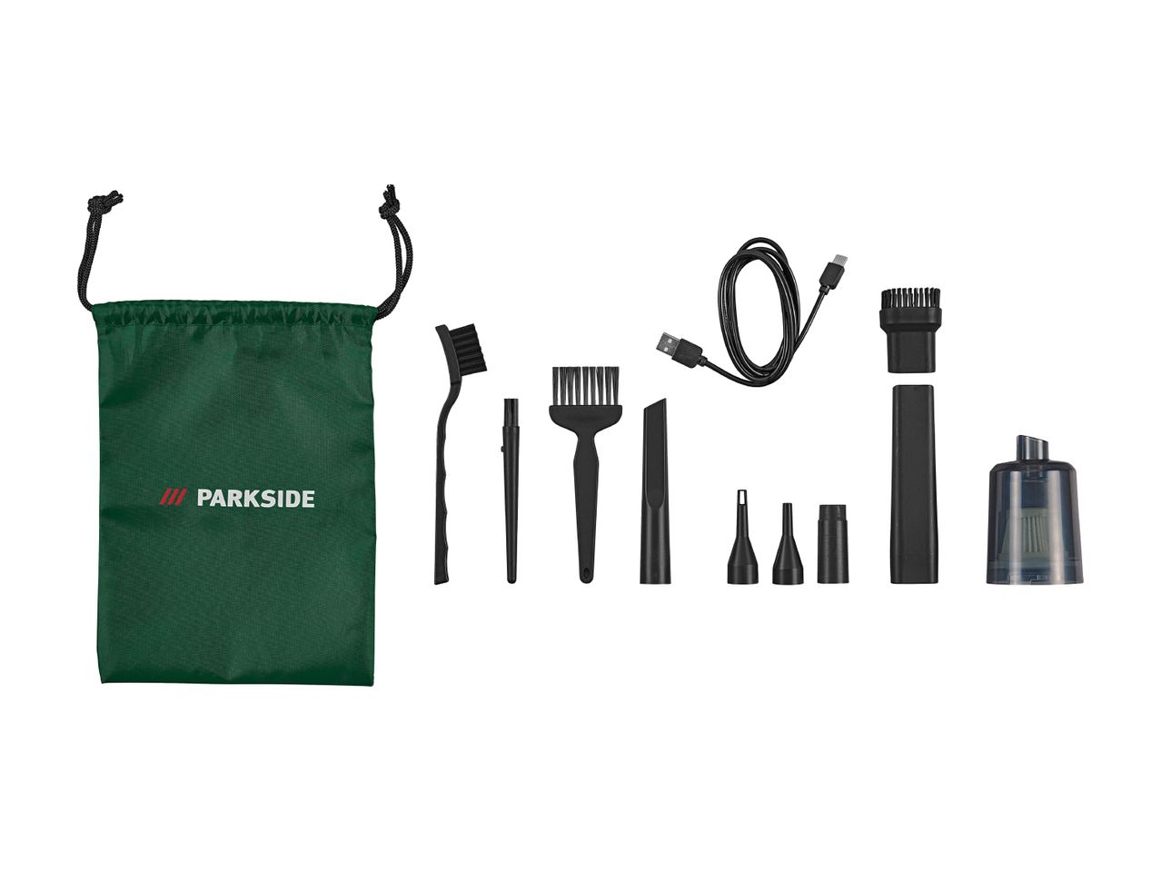 A green drawstring bag and various black cleaning attachments, including brushes, nozzles, a USB cable, and a transparent dust collector.