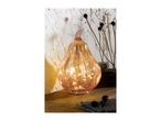 A pear-shaped glass lamp with warm LED lights on a wooden surface next to dried plants.