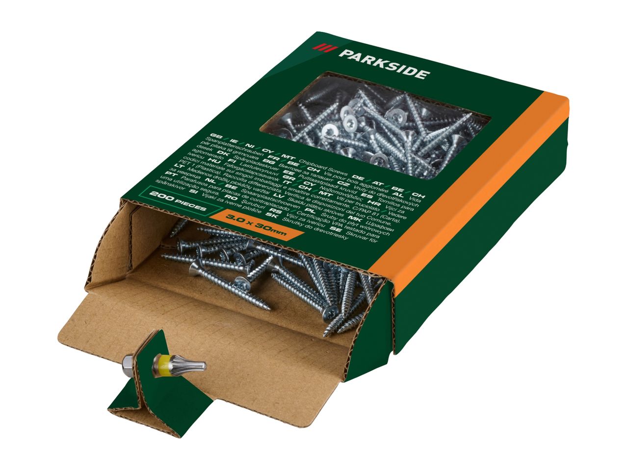 Open box of chipboard screws with a screwdriver bit, showing 200 pieces, 3.0 x 30mm.