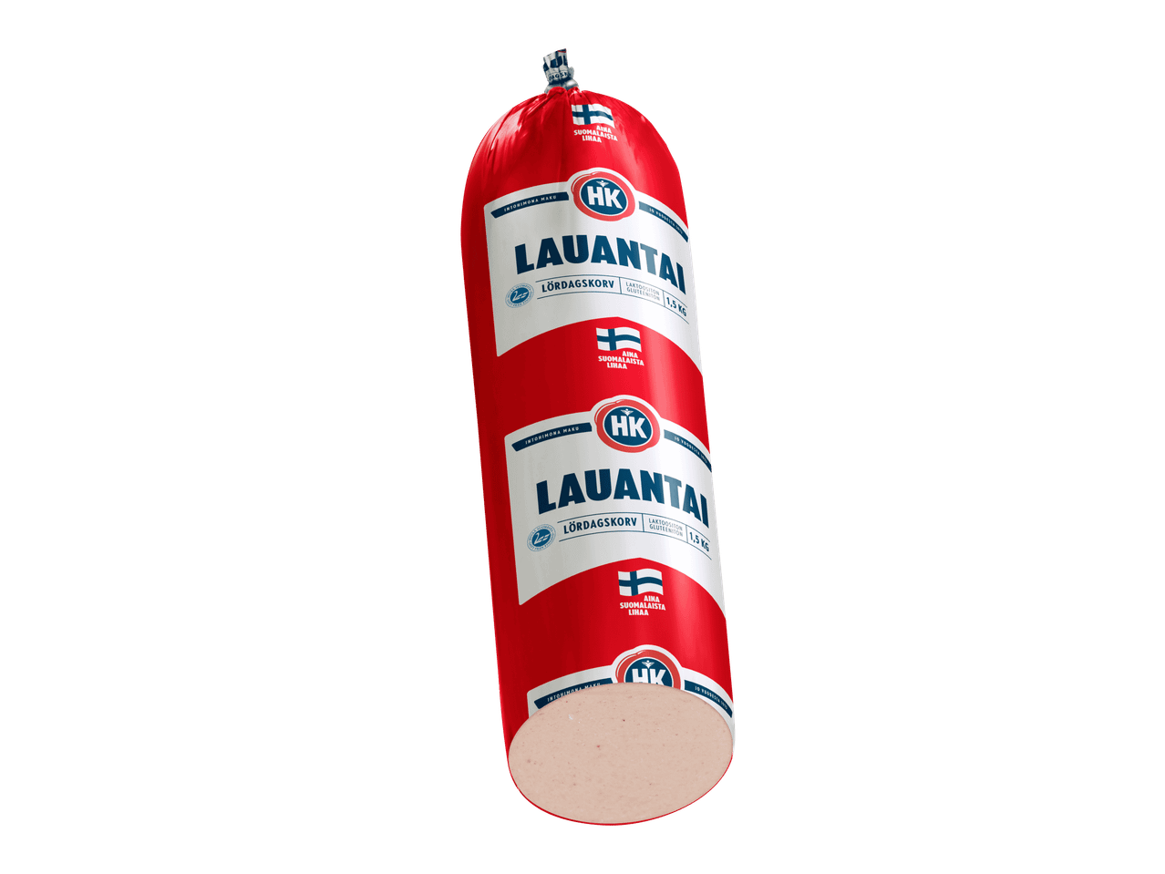 Punainen makkara, jossa on valkoinen etiketti ja tekstiä, paino 1,5 kg.