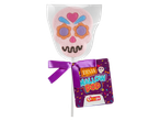 A pink sugar skull marshmallow pop with a purple ribbon and a 'Fiesta Mallow Pop' tag.