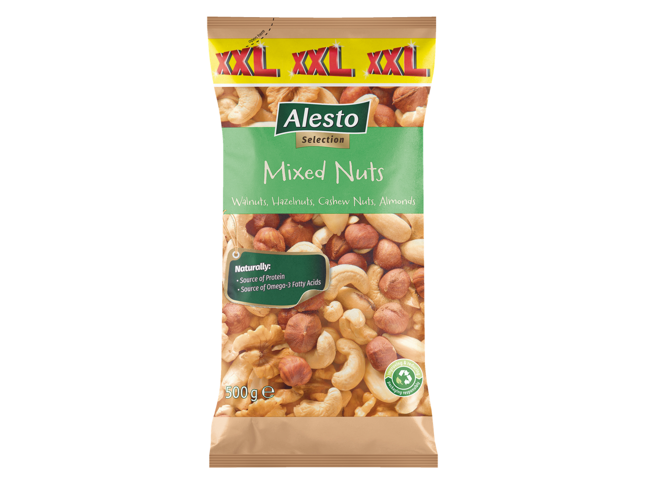 Alesto Selection XXL jauktie rieksti, 500 g maisiņš ar valriekstiem, lazdu riekstiem, kastaņriekstiem un mandelēm.