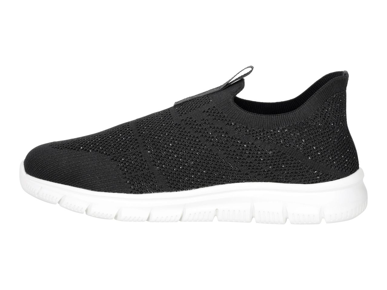 Black knitted slip-on sneaker with a white sole