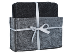 Gray felt coasters in a holder, tied with a white ribbon