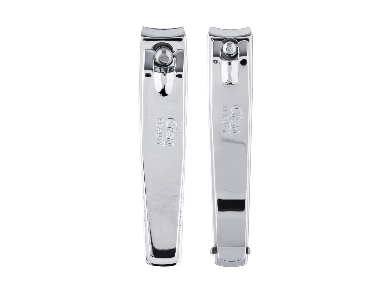 Two silver nail clippers with 'Cien Beauty' engraved on them, against a white background.