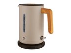 Beige electric kettle with a wooden handle and a water level indicator.