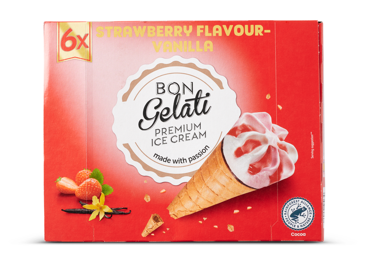 Bon Gelati premium ijshoorntjes: aardbei-vanille smaak.