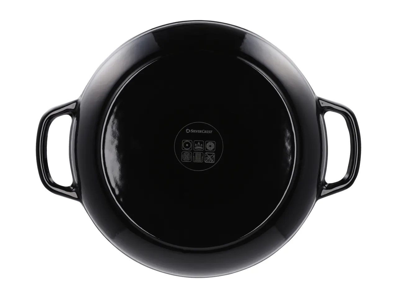 Black SilverCrest frying pan with two handles, bottom view