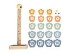 Wooden marble run with numbered target pieces and marbles.