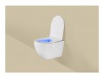 A white wall-mounted toilet with a blue illuminated bowl and an open lid.