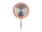 Bottom view of a copper-colored frying pan with a silver handle and cooking symbols.