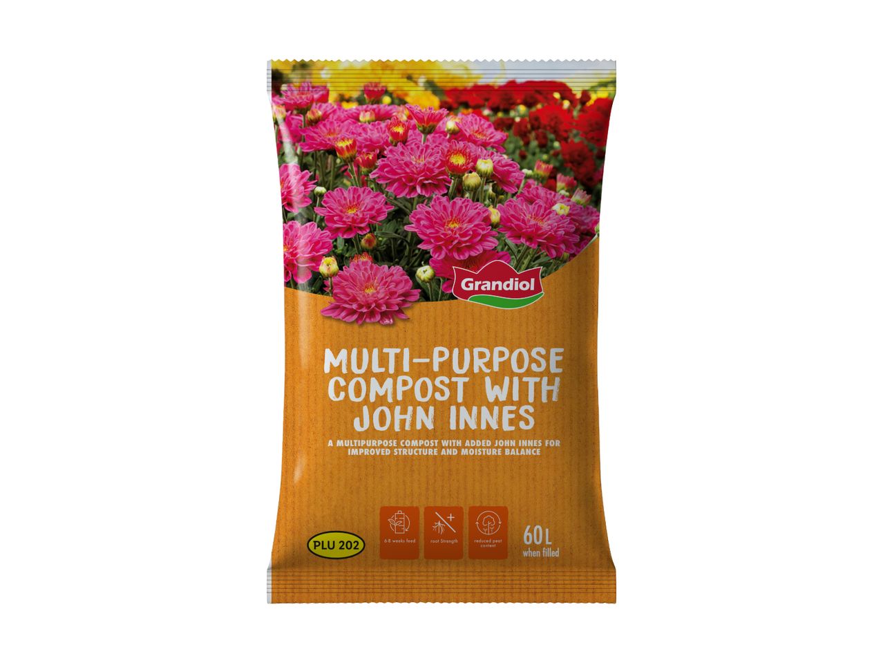 Multi-purpose compost with John Innes, featuring pink flowers and a 60L capacity.
