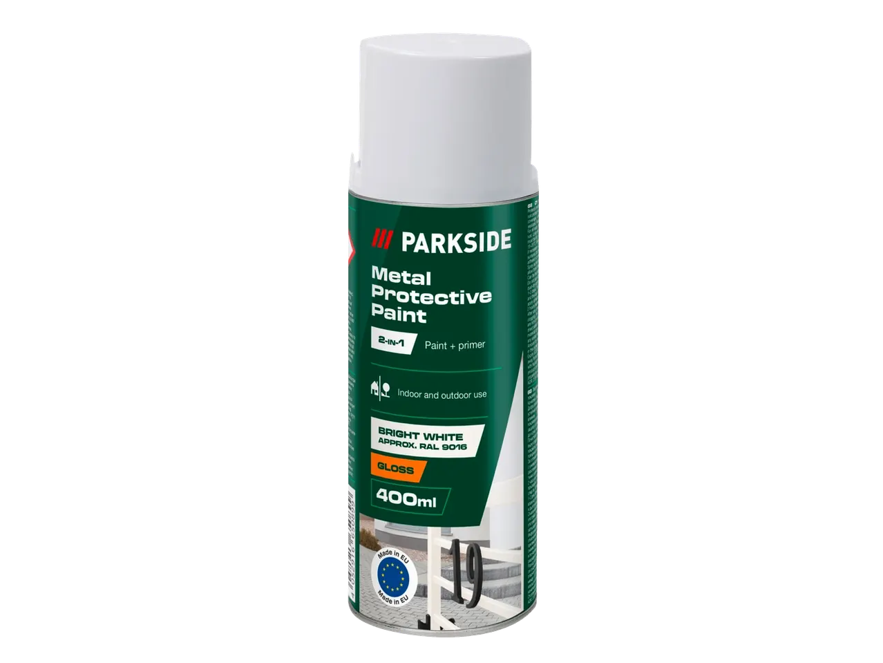Parkside Metal Protective Paint, 400ml gloss, bright white, 2-in-1 paint and primer.