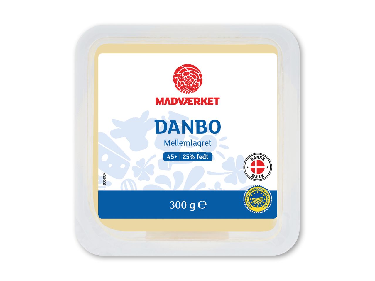 Danbo mellemlagret ost med 25% fedt, 300g, med dansk mælk og geografisk beskyttelse.