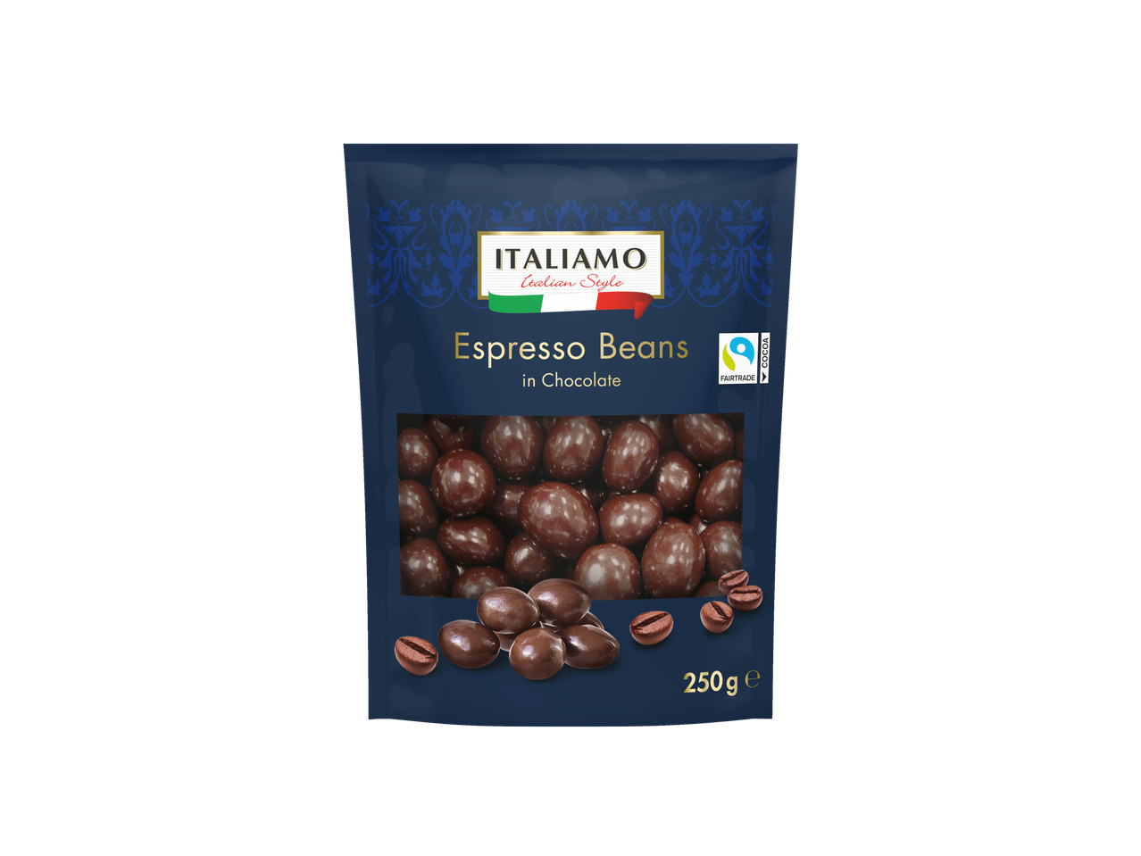 Italiamo Espresso Beans in Chocolate, 250g package with Fairtrade cocoa logo.