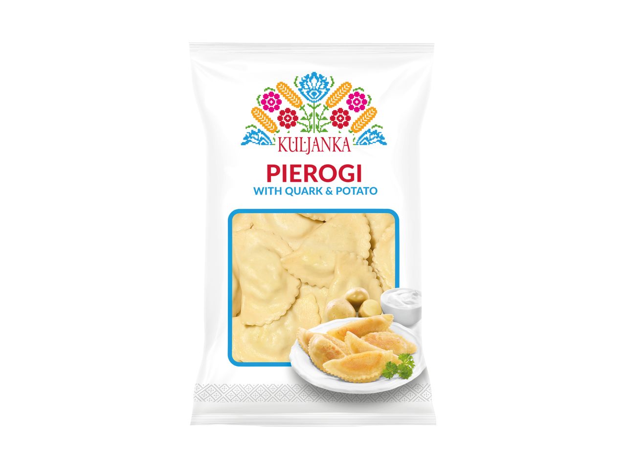 Packaging for pierogi with quark and potato, featuring a folk-art design and product display.