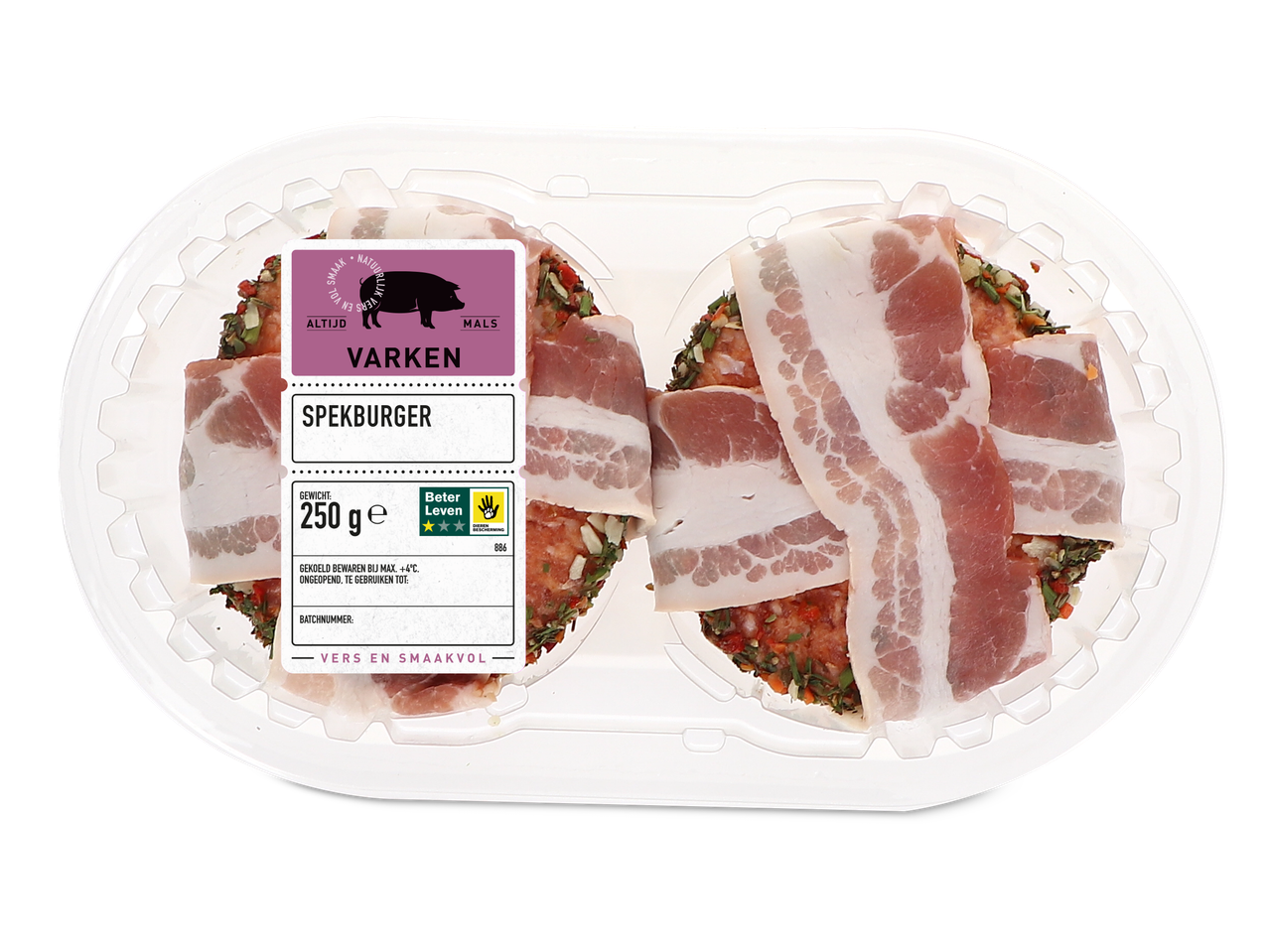 Verpakte spekburgers omwikkeld met spek, 250g.