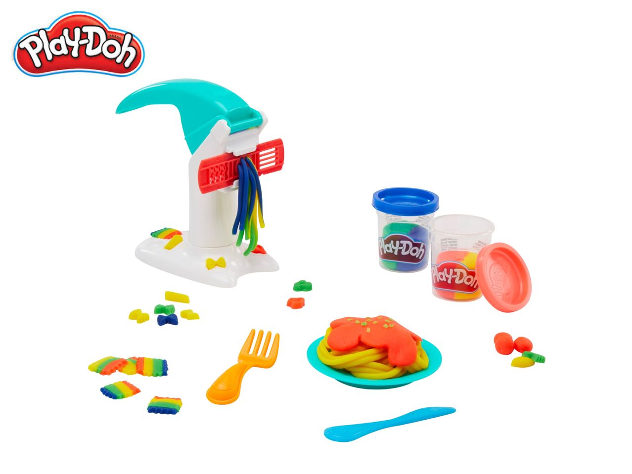Play-Doh pasta maker with colorful dough, tools, and a plate of pretend spaghetti.