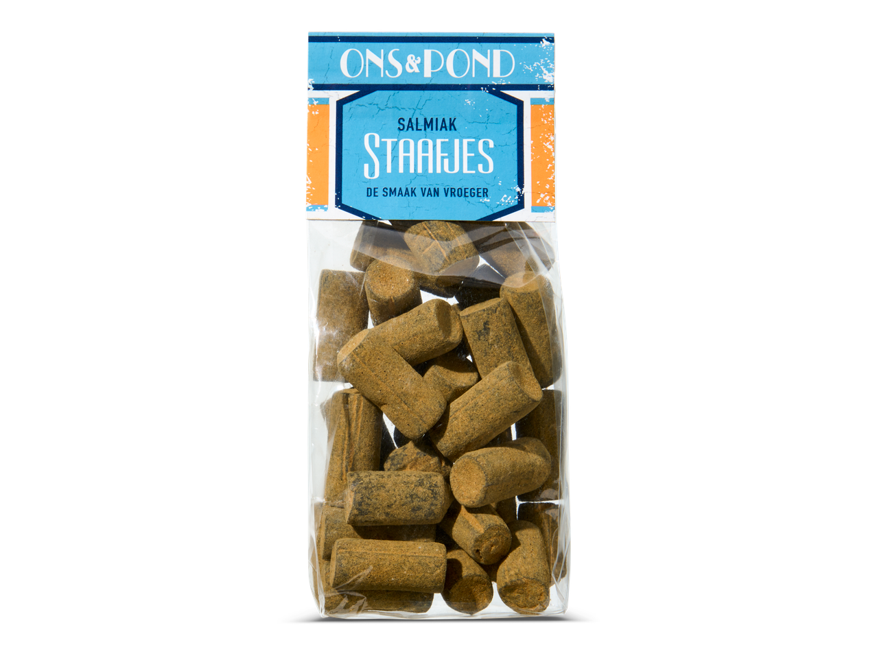 Ons&Pond Salmiak Staafjes: Een zakje met traditionele salmiakstaven.