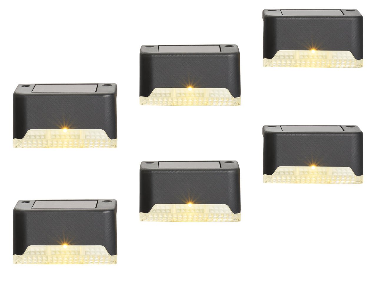 Šest LIVARNO® LED solarnih svetilk s toplo svetlobo na črnem ozadju.
