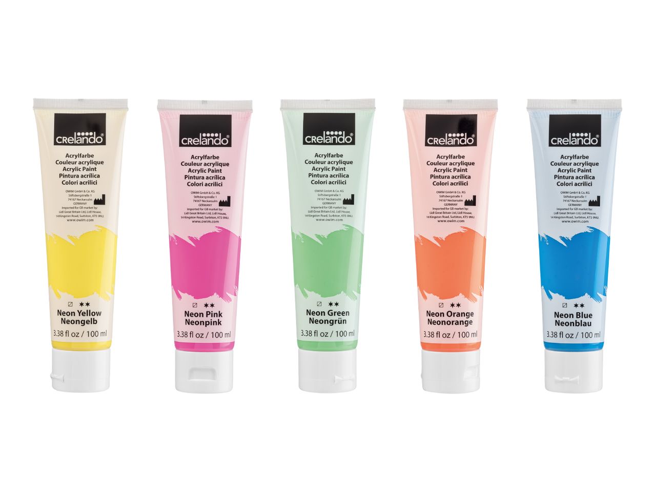 Five tubes of neon acrylic paint in yellow, pink, green, orange, and blue, each 3.38 fl oz / 100 ml.