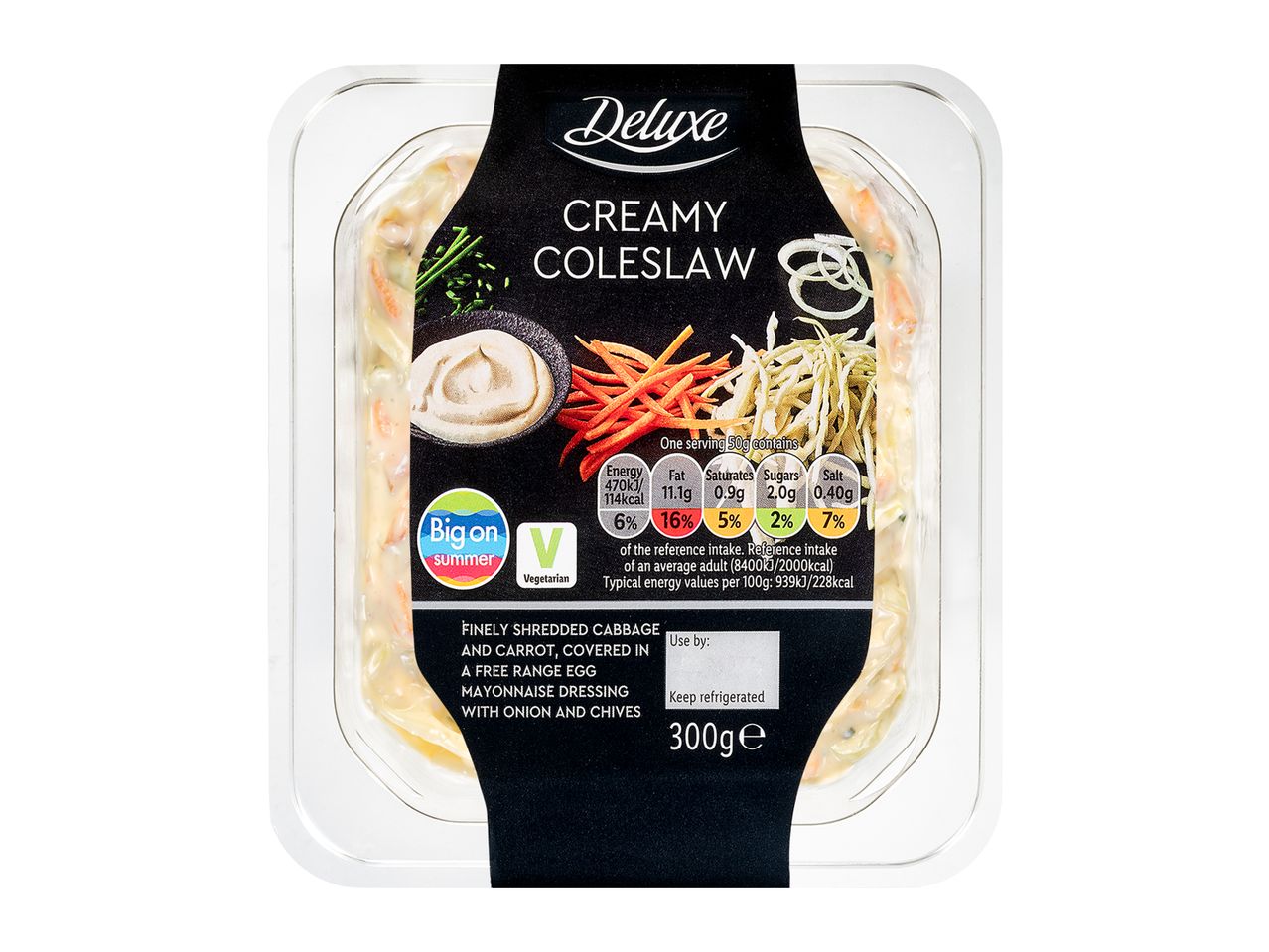 Deluxe Creamy Coleslaw: shredded cabbage and carrot, free range egg mayonnaise dressing.
