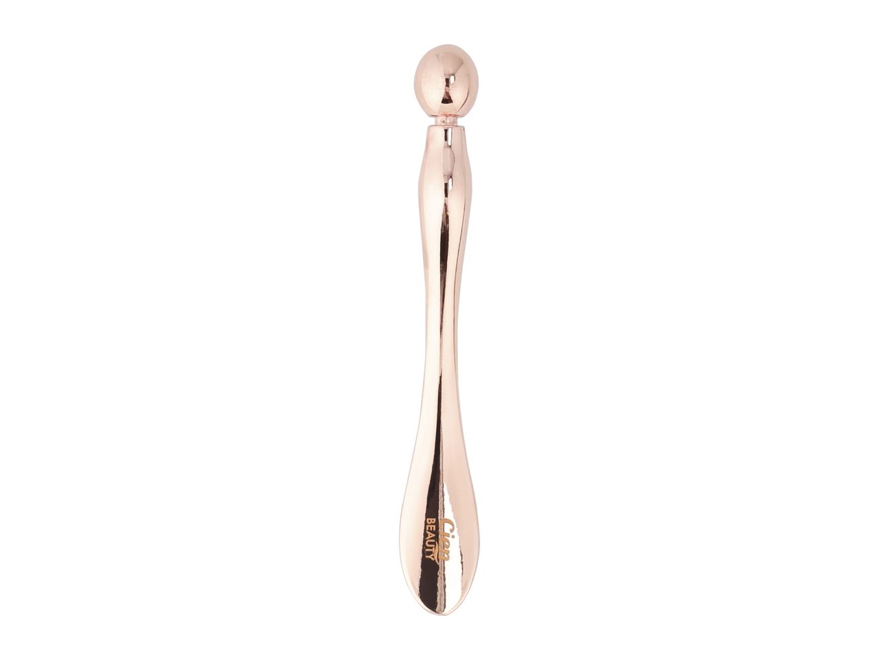 Rose gold eye massager with a spherical head and a tapered handle.