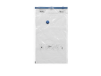 Transparent vacuum storage bag with blue closure and usage instructions.