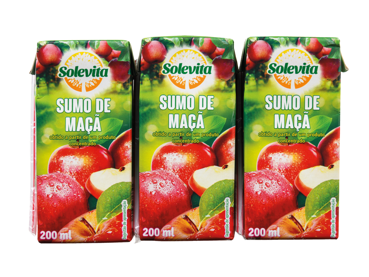 Três caixas de sumo de maçã Solevita de 200ml.