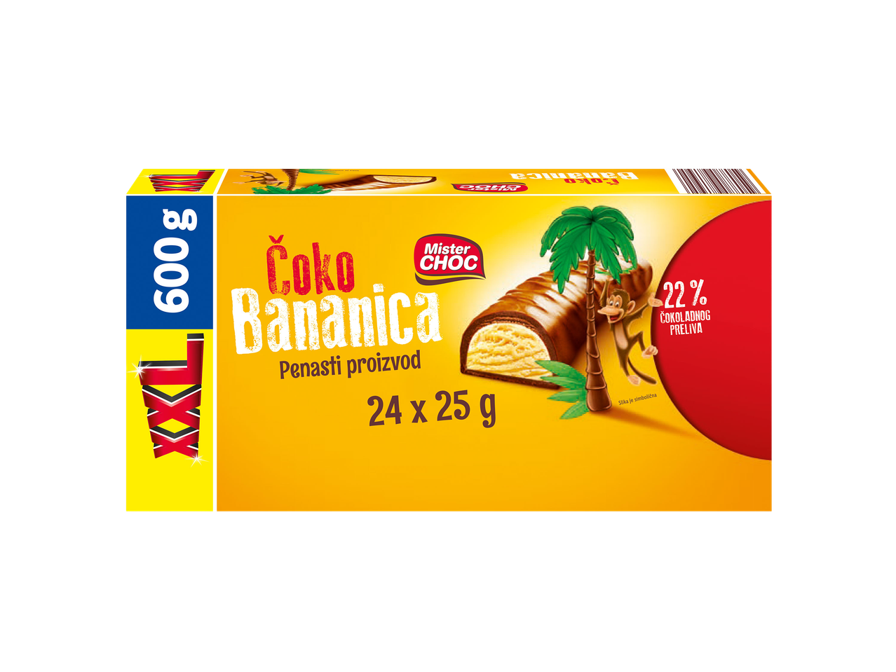 Kutija čokoladnih bananica sa natpisom „Čoko Bananica Penasti proizvod“ i „24 x 25 g“.