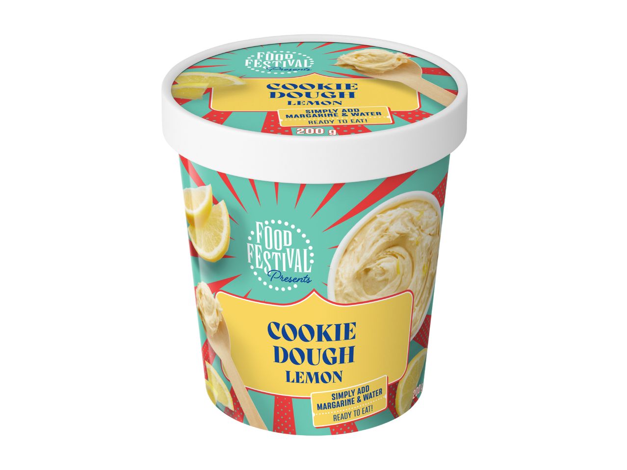 Lemon cookie dough tub with a spoon of dough, lemons, and text 'Simply add margarine & water, ready to eat!'