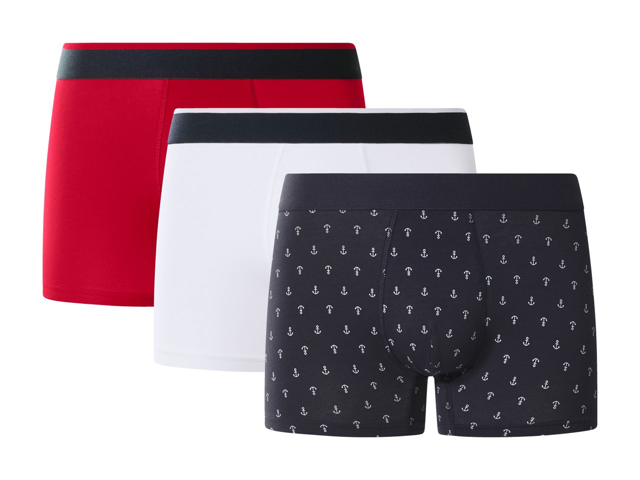 Three men's boxer briefs: red, white, and navy with white anchor print.