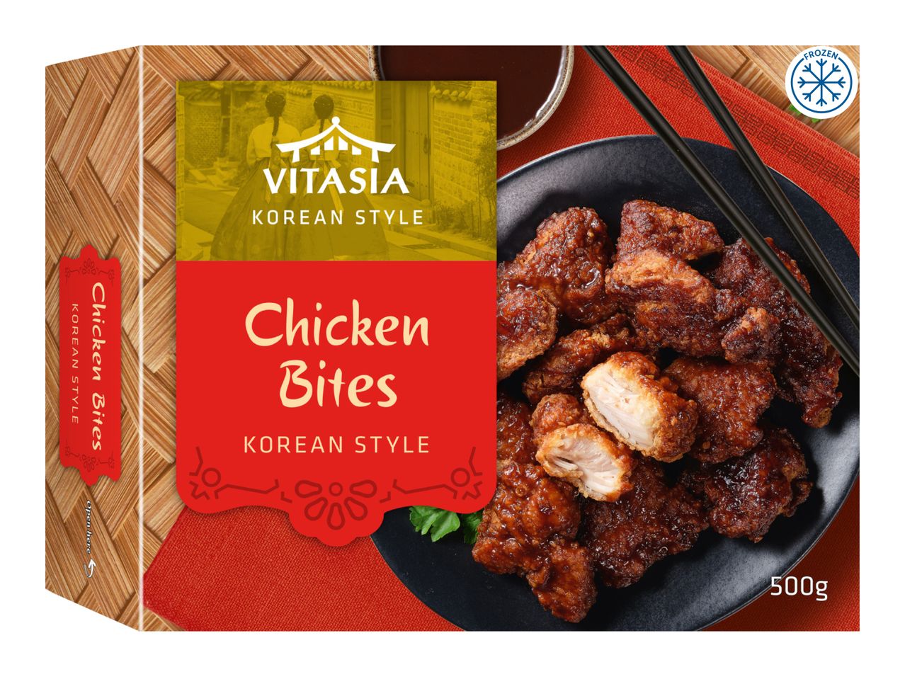 Frozen Korean-style chicken bites in a red and yellow package, 500g.