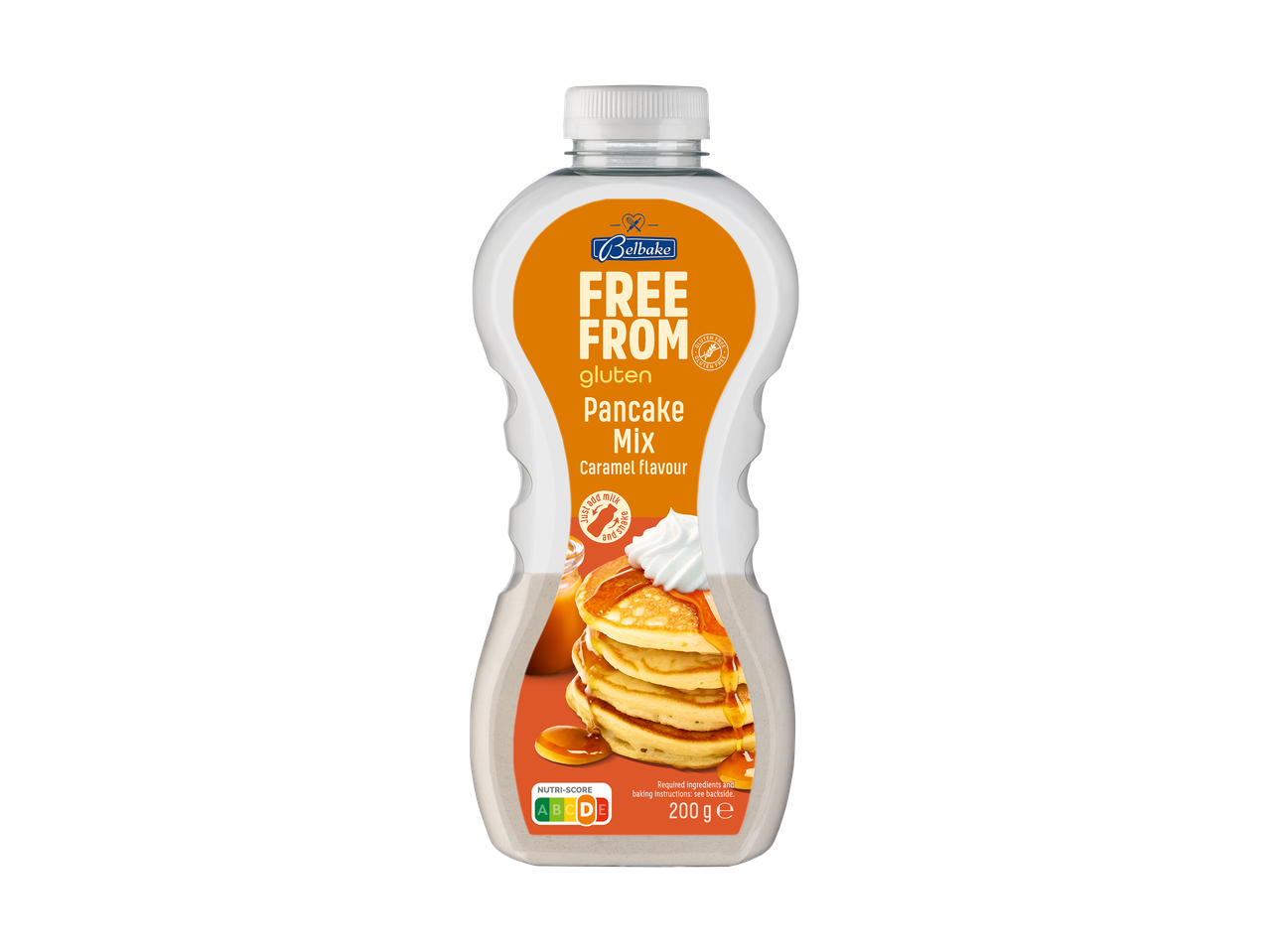 Glutenvrije pannenkoekenmix met karamelsmaak in een fles, met Nutri-Score D.