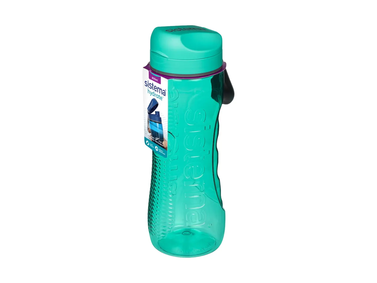 En teal Sistema Hydrate 800ml drikkeflaske med håndtag.