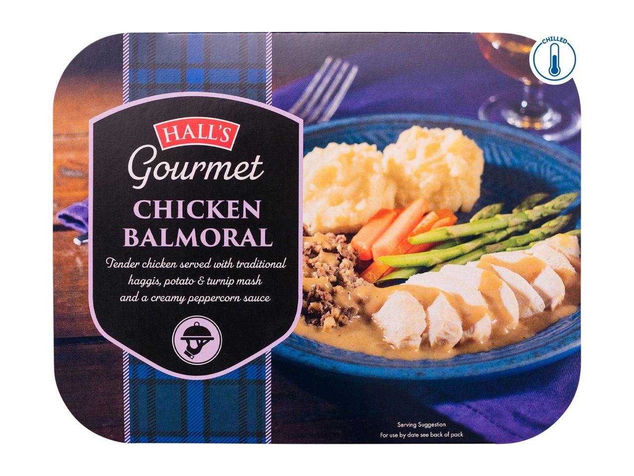 Chilled chicken Balmoral meal with haggis, mash, and peppercorn sauce, tartan design.