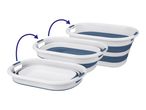 Three collapsible laundry baskets in white and blue, showing different stages of expansion.
