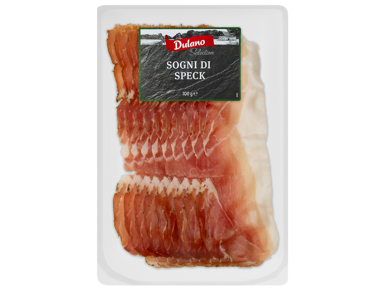 Szeletelt, füstölt sonka átlátszó csomagolásban, fekete címkével, rajta „SOGNI DI SPECK” felirattal.