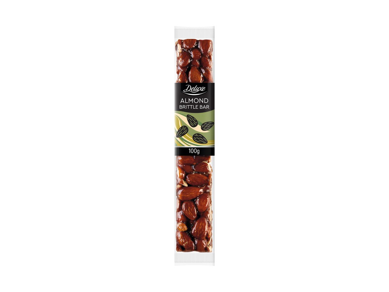 Almond brittle bar in clear packaging with a black label, 100g.