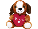 Pliušinis rudas šuo su raudona širdimi, ant kurios parašyta „Love“.