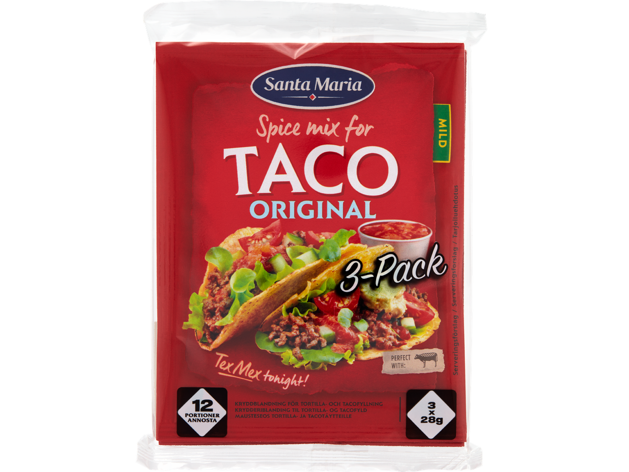 Santa Maria kryddmix för taco, original, 3-pack, mild.
