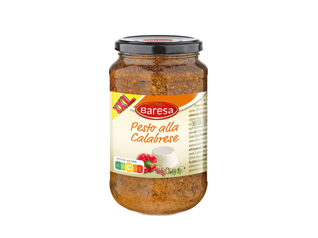 Un pot de pesto calabrais avec un Nutri-Score C et une indication de 550g.