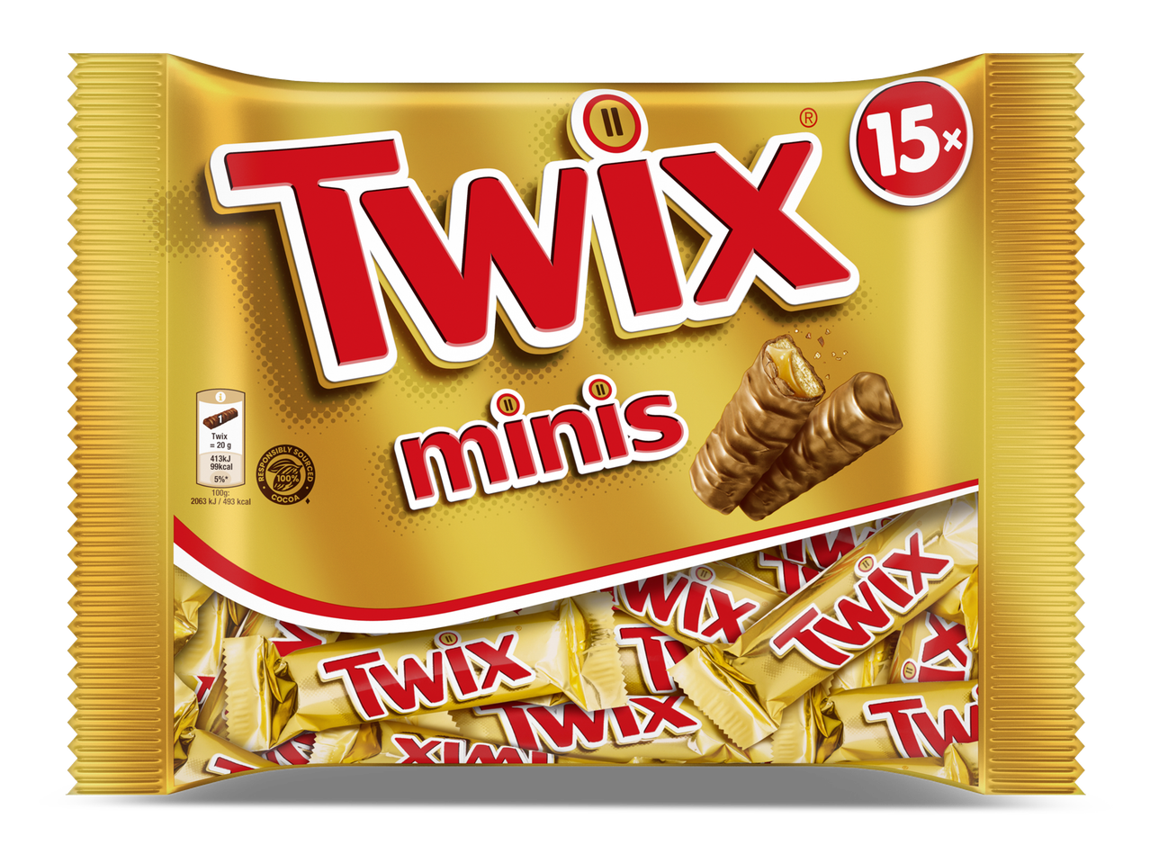 Goudkleurige verpakking met 15 mini-chocoladerepen, met een doorgesneden reep die de karamelvulling toont.