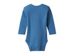 Blue long-sleeved baby bodysuit, back view