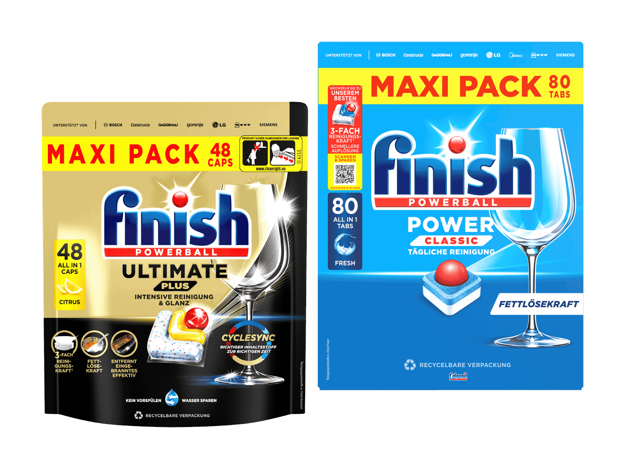 Finish Powerball Ultimate Plus und Finish Power Classic Geschirrspültabs Maxi Packungen