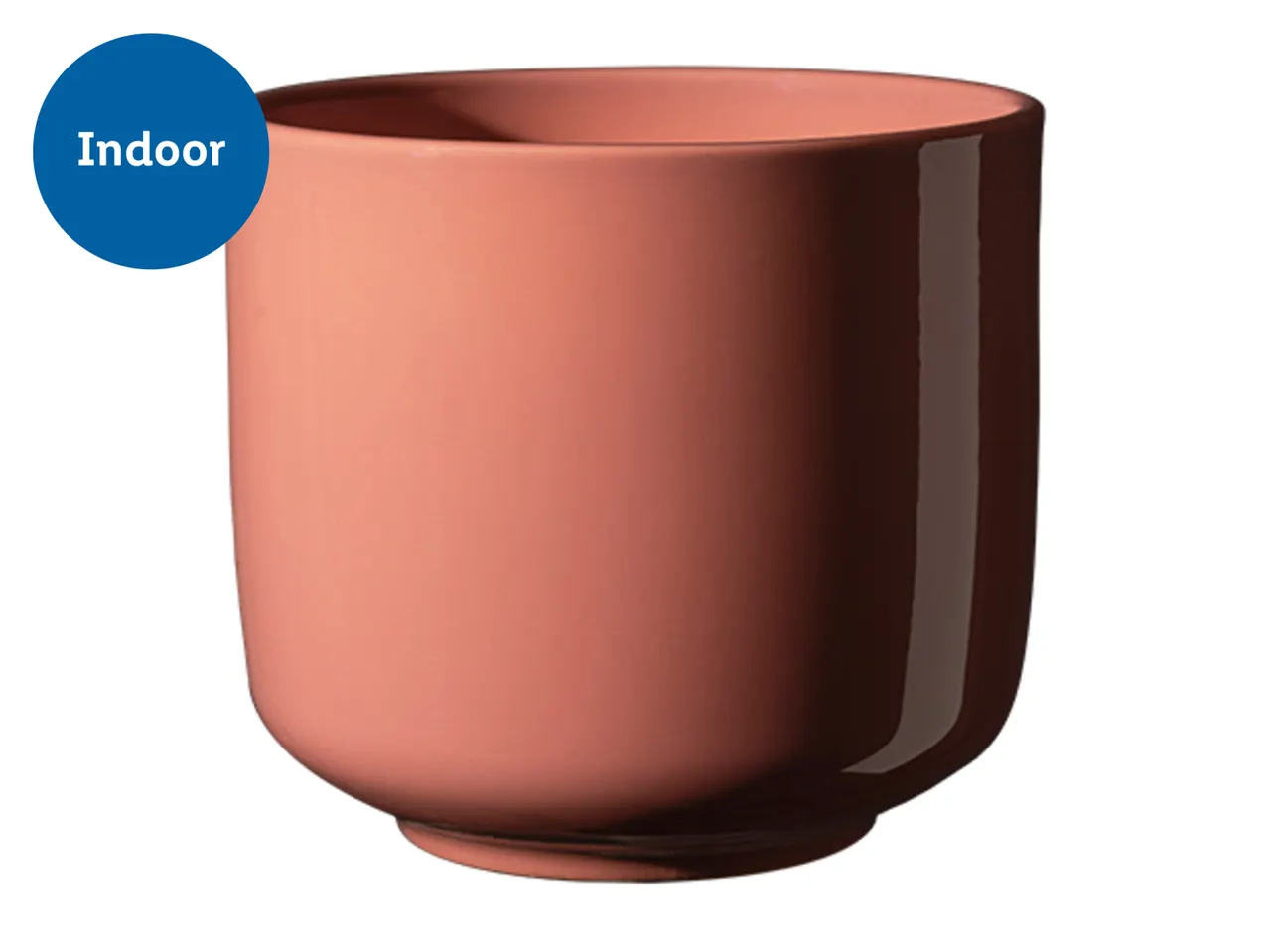 A terracotta-colored indoor plant pot with a glossy finish, featuring a blue circle with the word 'Indoor'.