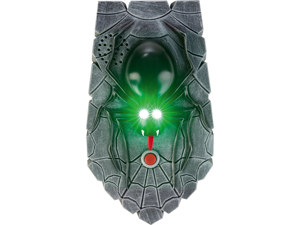 Helovino durų skambutis su švytinčiu žaliu voru ir raudonu liežuviu, juodame fone