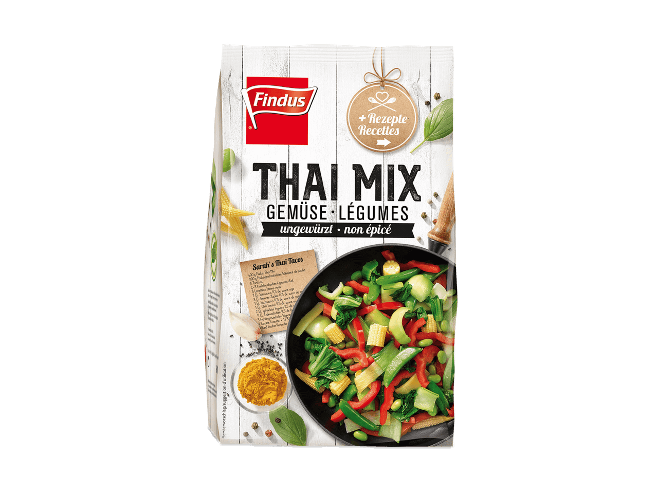 Eine Packung ungewürzter Thai-Gemüsemischung mit einem Rezept für Thai-Tacos und einer Pfanne mit gebratenem Gemüse.